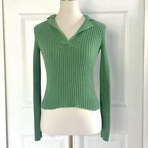 Moda International Y2K Green Collared Neck Fitted Knit Sweater Womens sz XS